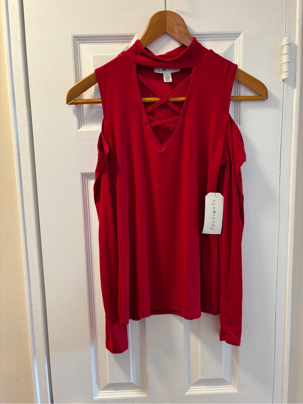 Vervet by Flying Monkey Red Cold-Shoulder Mock Neck Top with Crisscross Detail